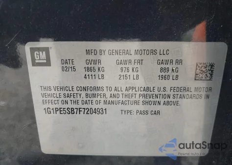 2015 Chevrolet Cruze 2Lt Auto from USA, damaged, VIN 1G1PE5SB7F7204931